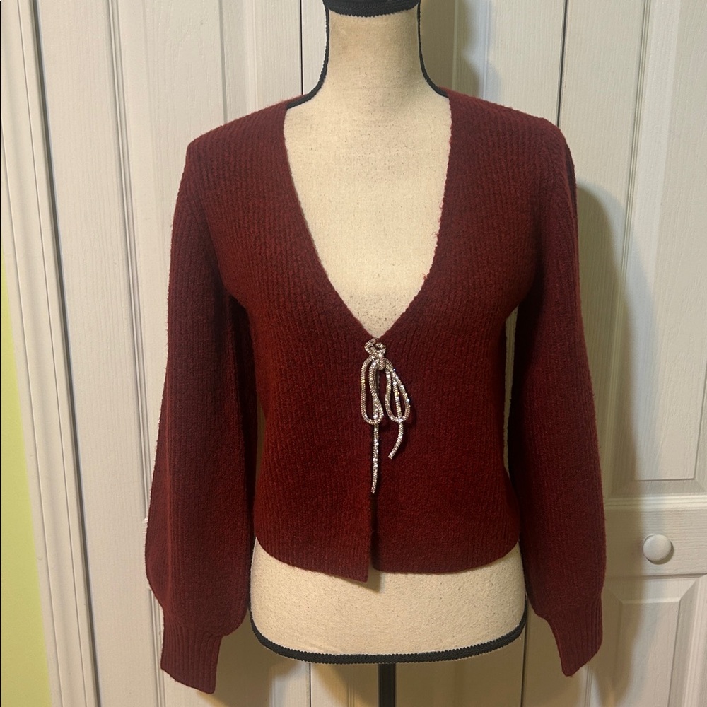 Wayf Deep Red V-Neck Sweater with Tie Detail